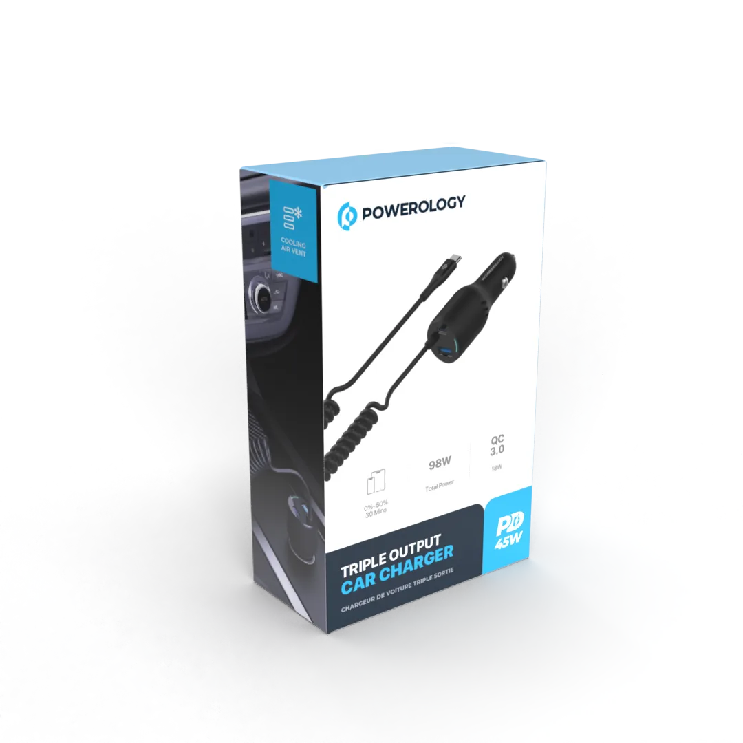 Powerology Triple Ports Car Charger With Type-C Cable