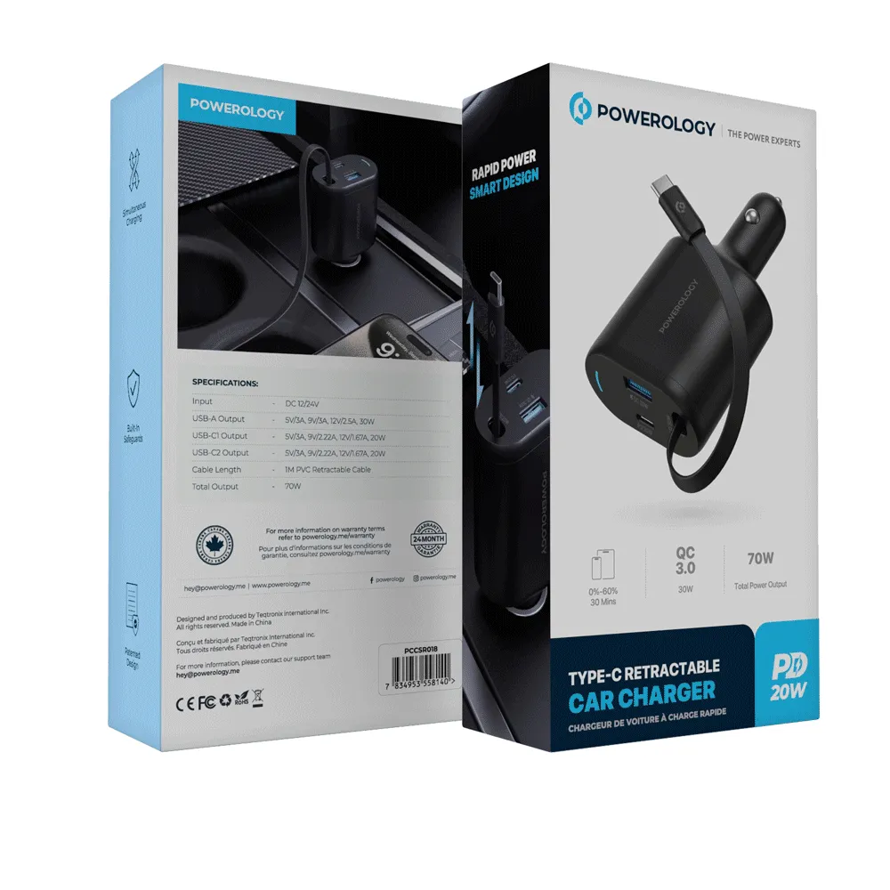 Powerology Type-C Retractable Car Charger