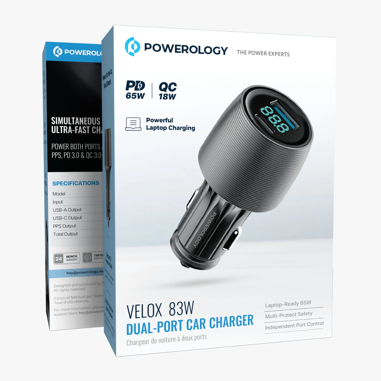 Powerology VELOX 83W Dual-Port Car Charger with Type-C Cable