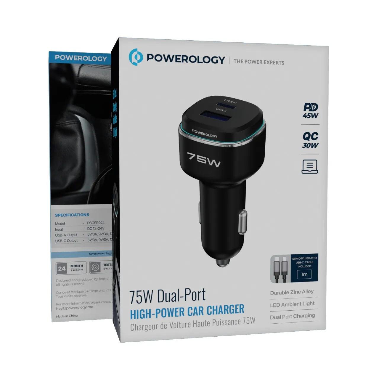 Powerology 75W Dual-Port High-Power Car Charger with Typc-C Cable