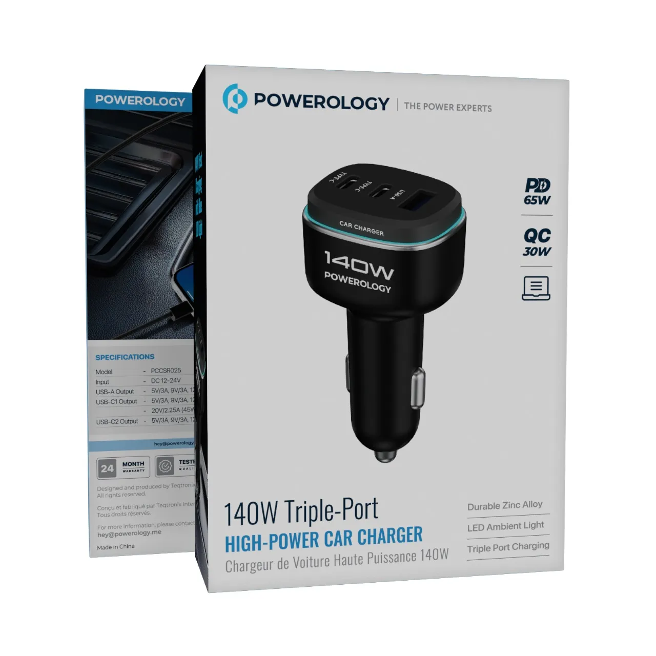 Powerology 140W Triple-Port High-Power Car Charger