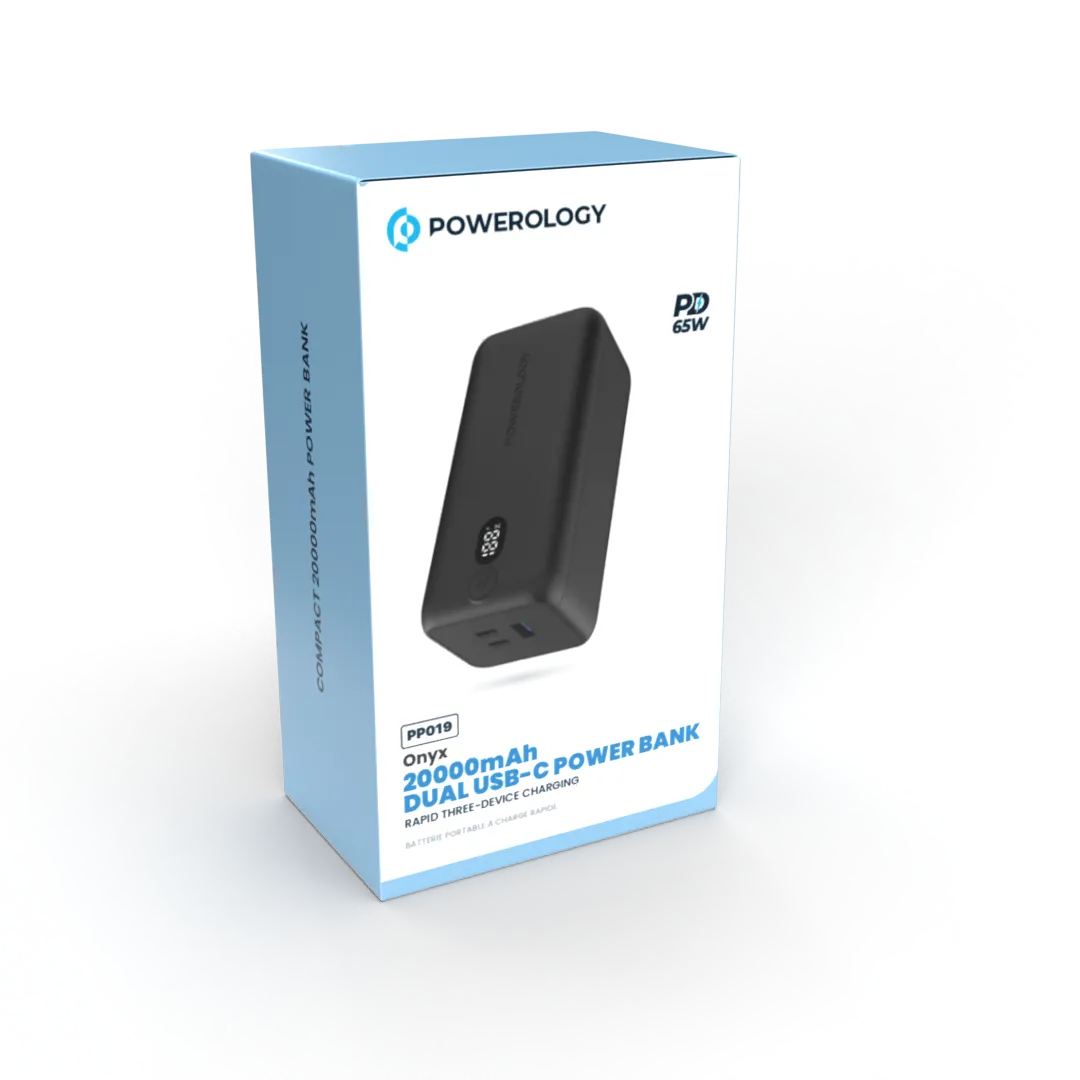 Powerology Onyx 20000mAh Dual USB-C Power Bank Rapid Three-Device Charging