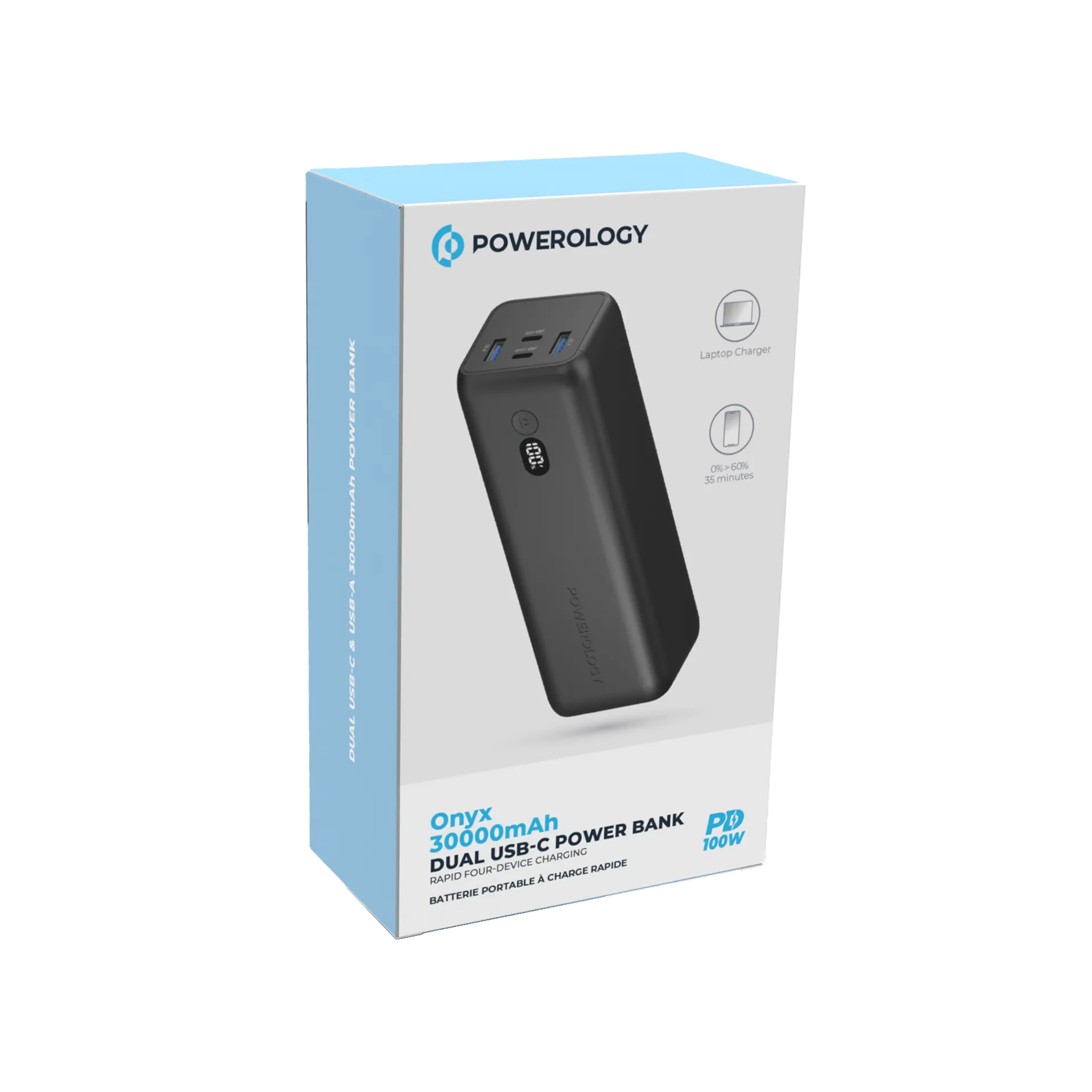 Powerology Onyx 30000mAh Dual USB-C Power Bank Rapid Four-Device Charging