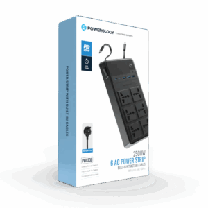 Powerology 2500W 6 AC Power Strip With Built-In Retractable Cables
