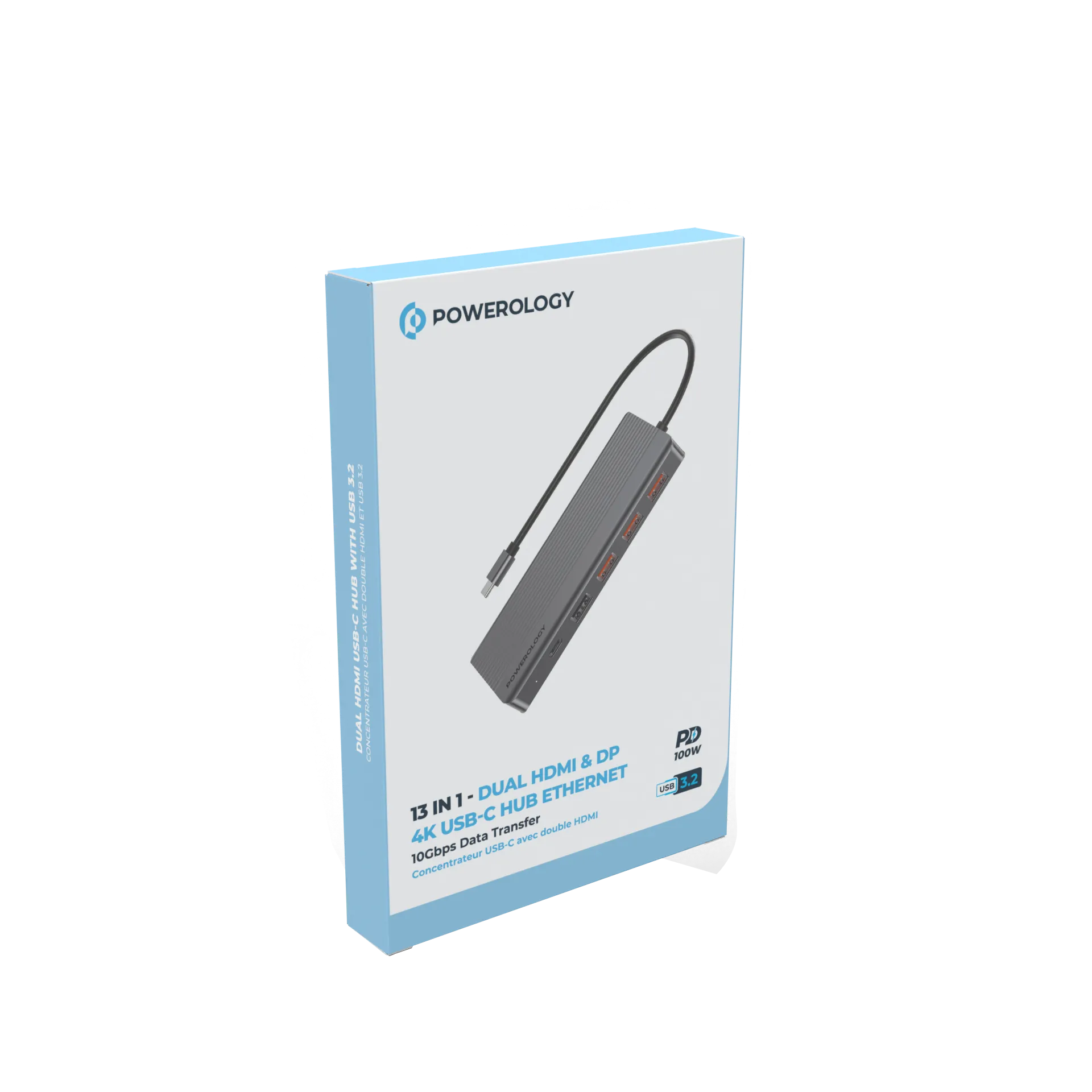 Powerology 13 in 1 Dual Hdmi & DP 4K USB-C Hub Ethernet 10Gbps Data Transfer