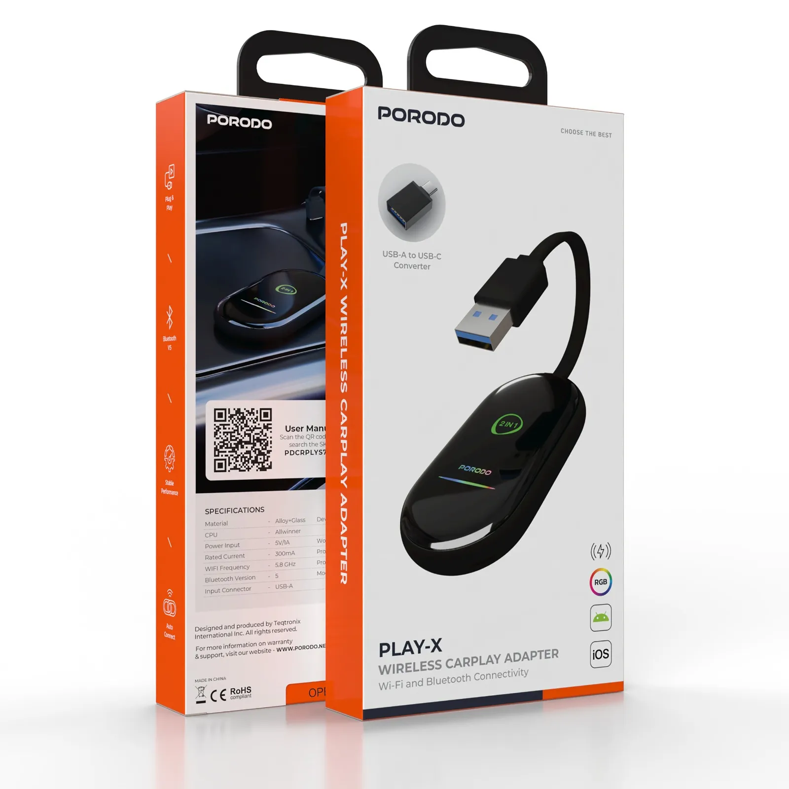 Porodo Play-X Wireless CarPlay Adapter with Wi-Fi & Bluetooth Connectivity